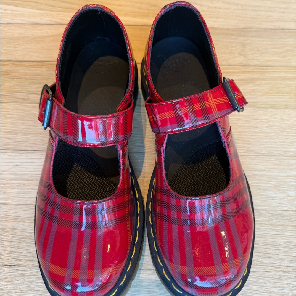 Dr.Marten red plaid Mary Jane shoes